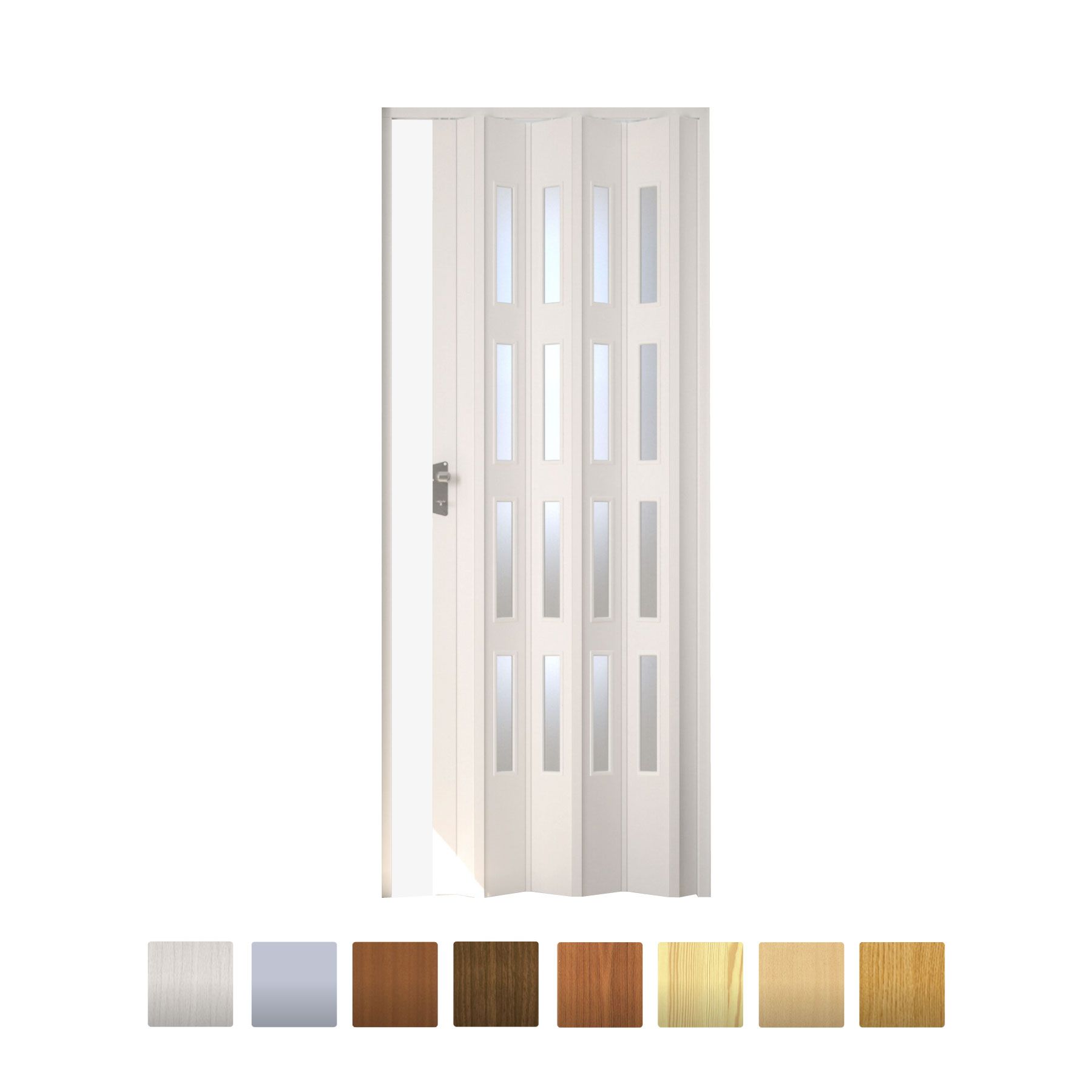 puerta plegable de PVC con cristal, disponible en varios colores y acabados como blanco, gris, roble, nogal y haya