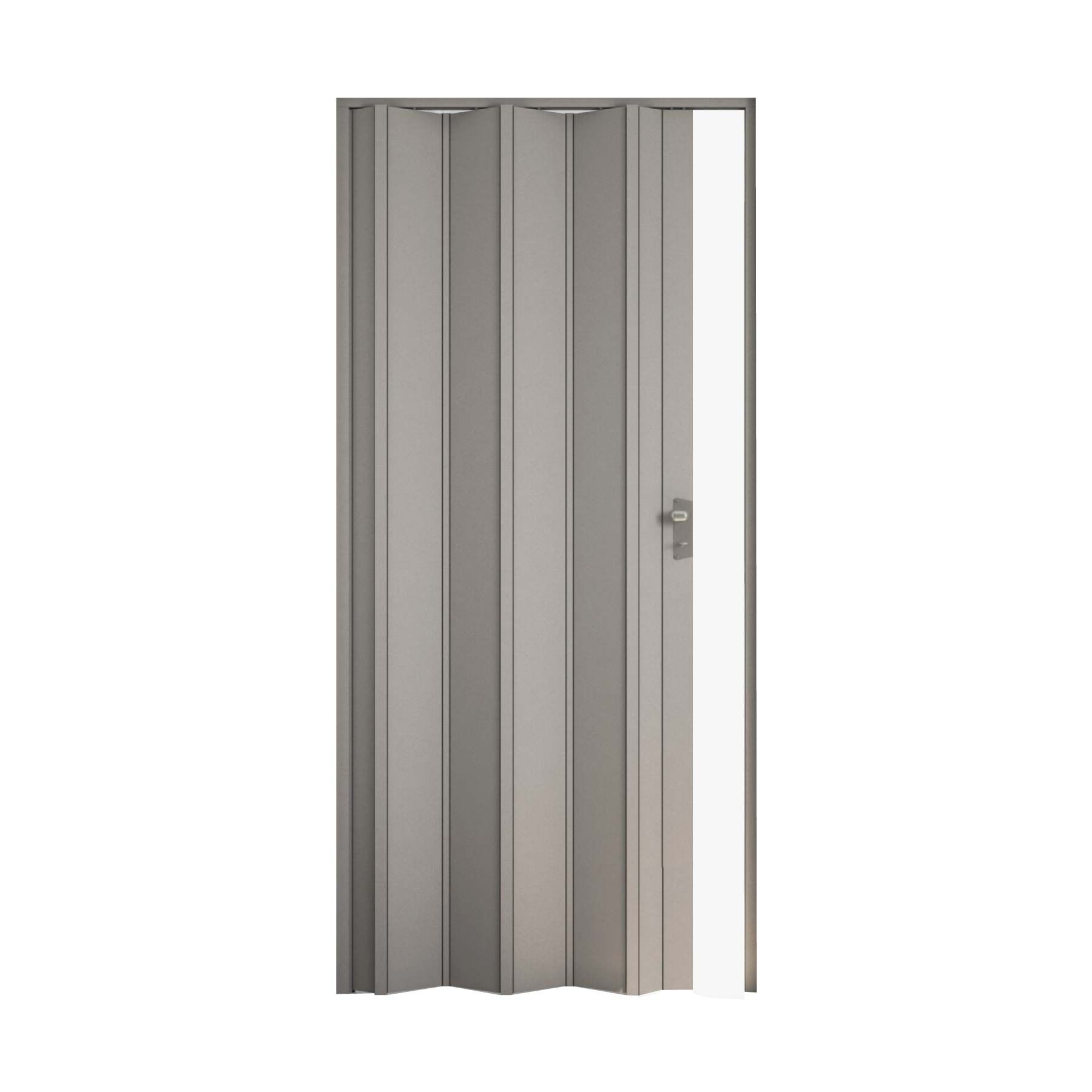 puerta plegable gris en PVC, diseño funcional para interiores elegantes y ahorro de espacio