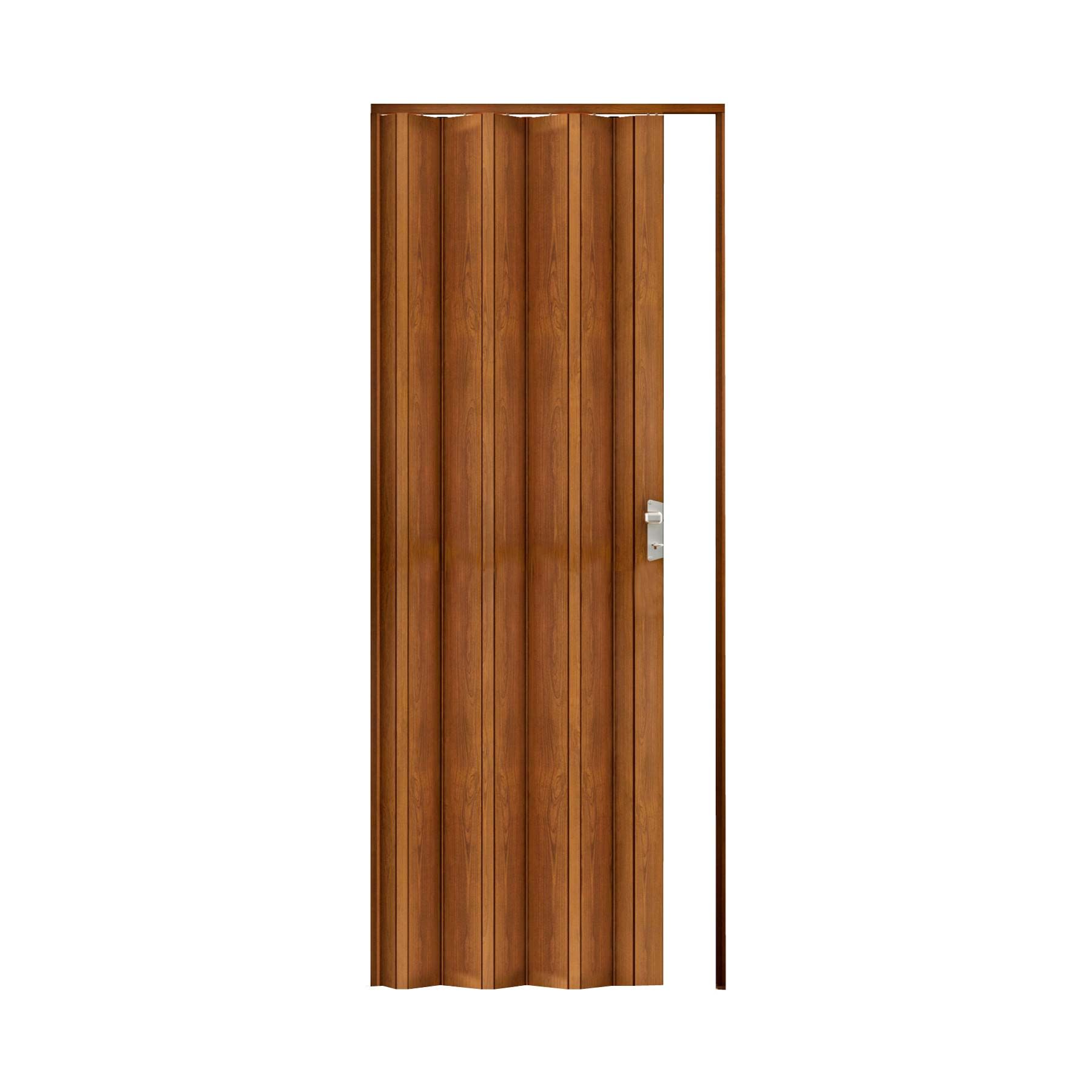 puerta plegable color cerezo en PVC con lamas verticales, ideal para interiores, resistente y fácil de instalar