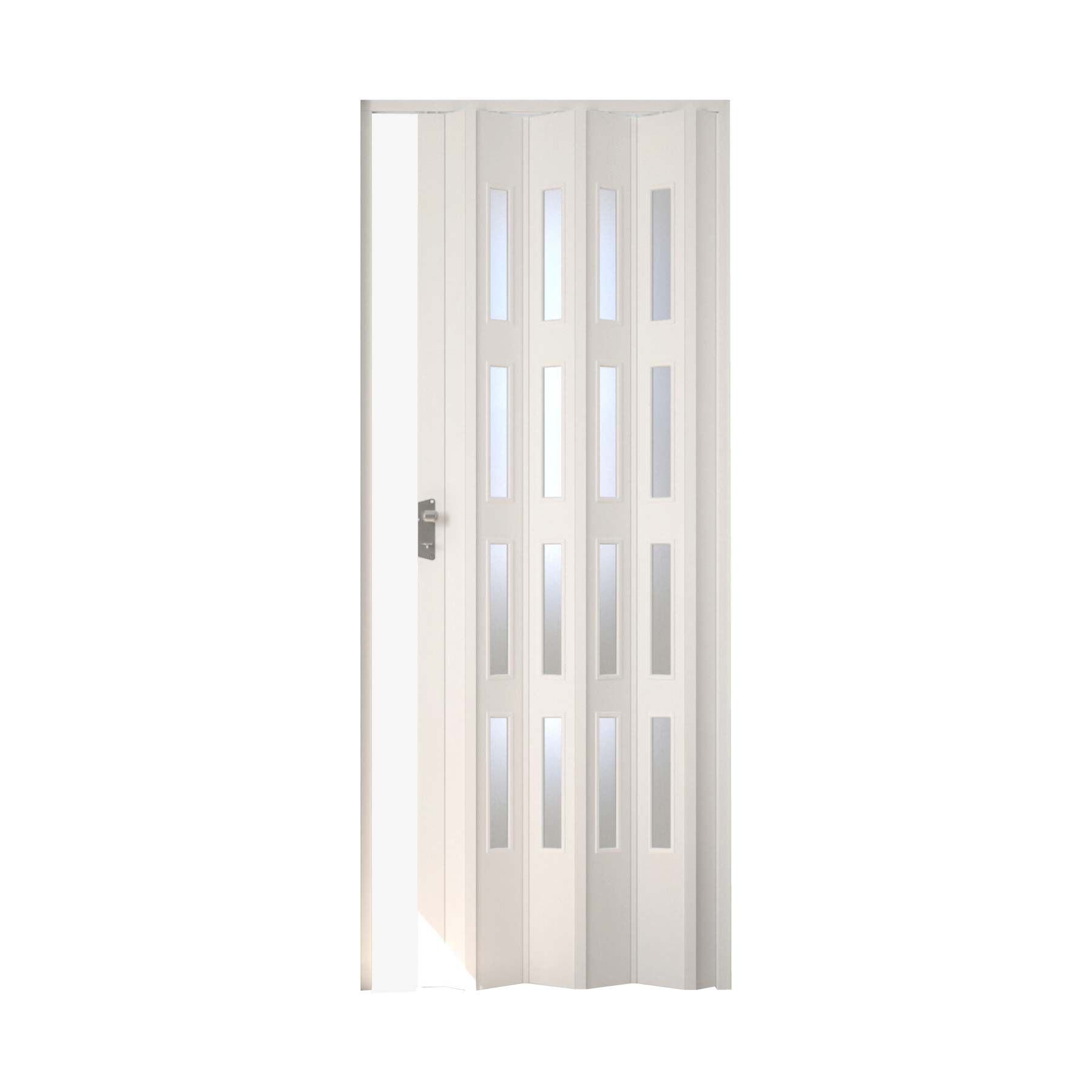 puerta plegable blanca con cristal, ideal para interiores luminosos y ahorro de espacio